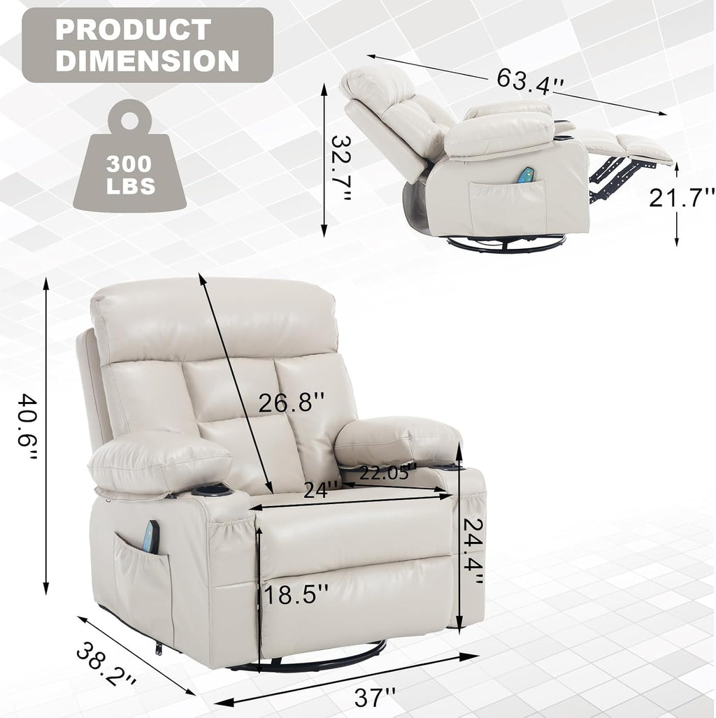 Swivel Rocker Recliner Chair Massage Beige Rocking Glider Chair for Nursery | Wide Seat, Overstuffed, Cup Holders, Faux Leather, Living Room Lounge Chair