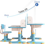 Kids Functional Desk and Chair Set,Children Learning Desk,Cartoon Pattern,Height Adjustable Height Study Table with Drawer,Desk for Kids with Tiltable Desktop,Storage Drawer for Boys Girls
