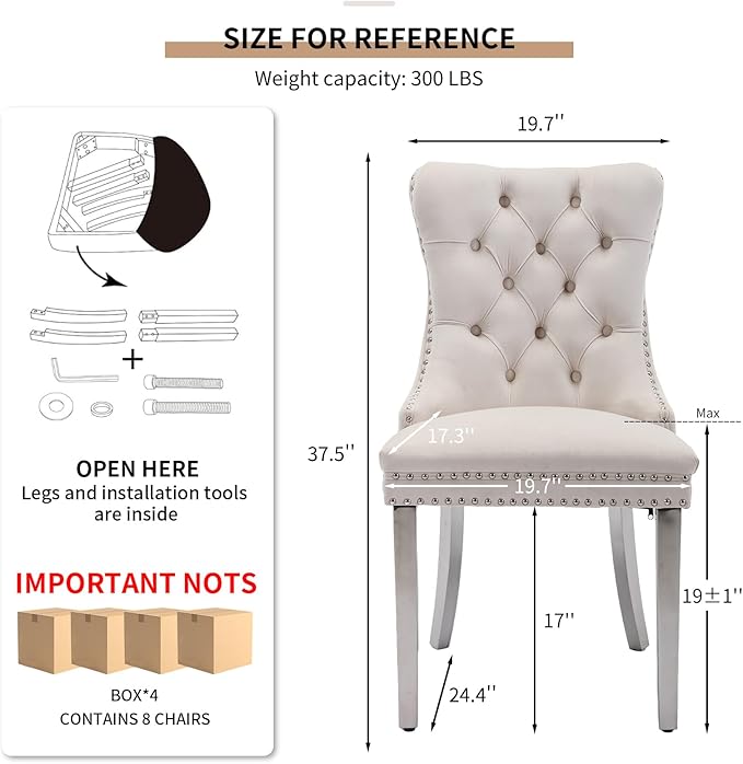 Mid Century Modern Dining Chairs Set of 8, Beige Velvet Upholstered Tufted Back, Kitchen & Dining Room Chairs, Brushed Silver Metal Legs, Nailhead Trim, Sillas para Comedor (Beige, 8 Pcs)