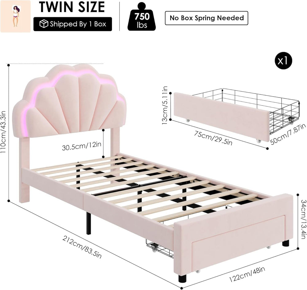 Girls Twin Upholstered LED Bed Frame with Petal Headboard & Storage, Pink