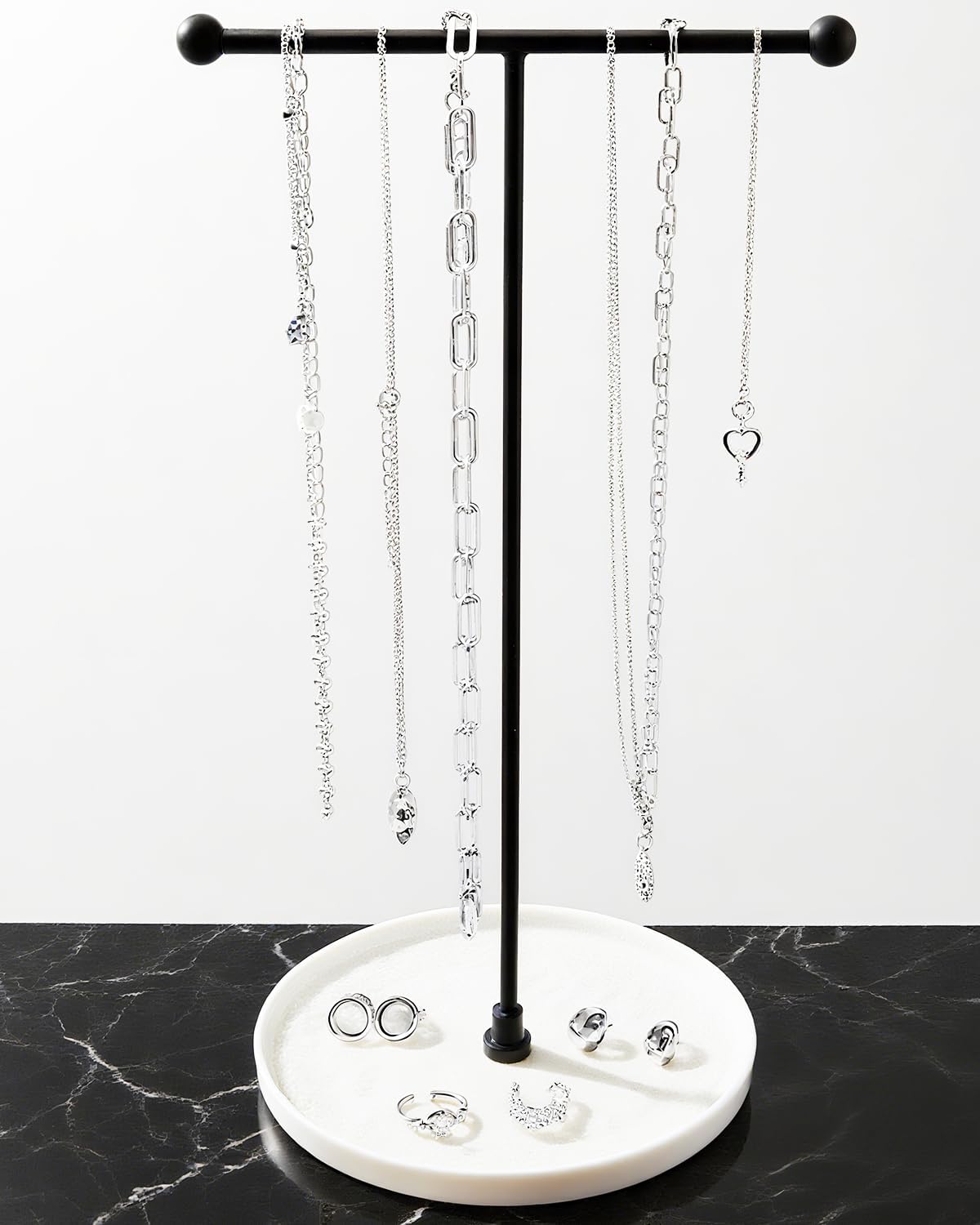 VROOMIUM Necklace Holder Stand - 6in Ceramic Base X 1ft Height, Aesthetic Decor for Bedroom, Jewelry Organizer for Necklace, Bracelets, Rings, Exhibidor de Collares- Chic White