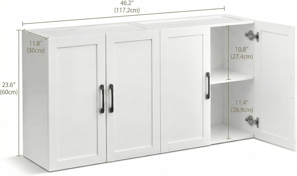 Wall Cabinet with Adjustable Shelves, Laundry Room Cabinet with 4 Doors, Kitchen Storage Cupboard Cabinet, Wall Mount Medicine Cabinet for Bathroom, Living Room, White