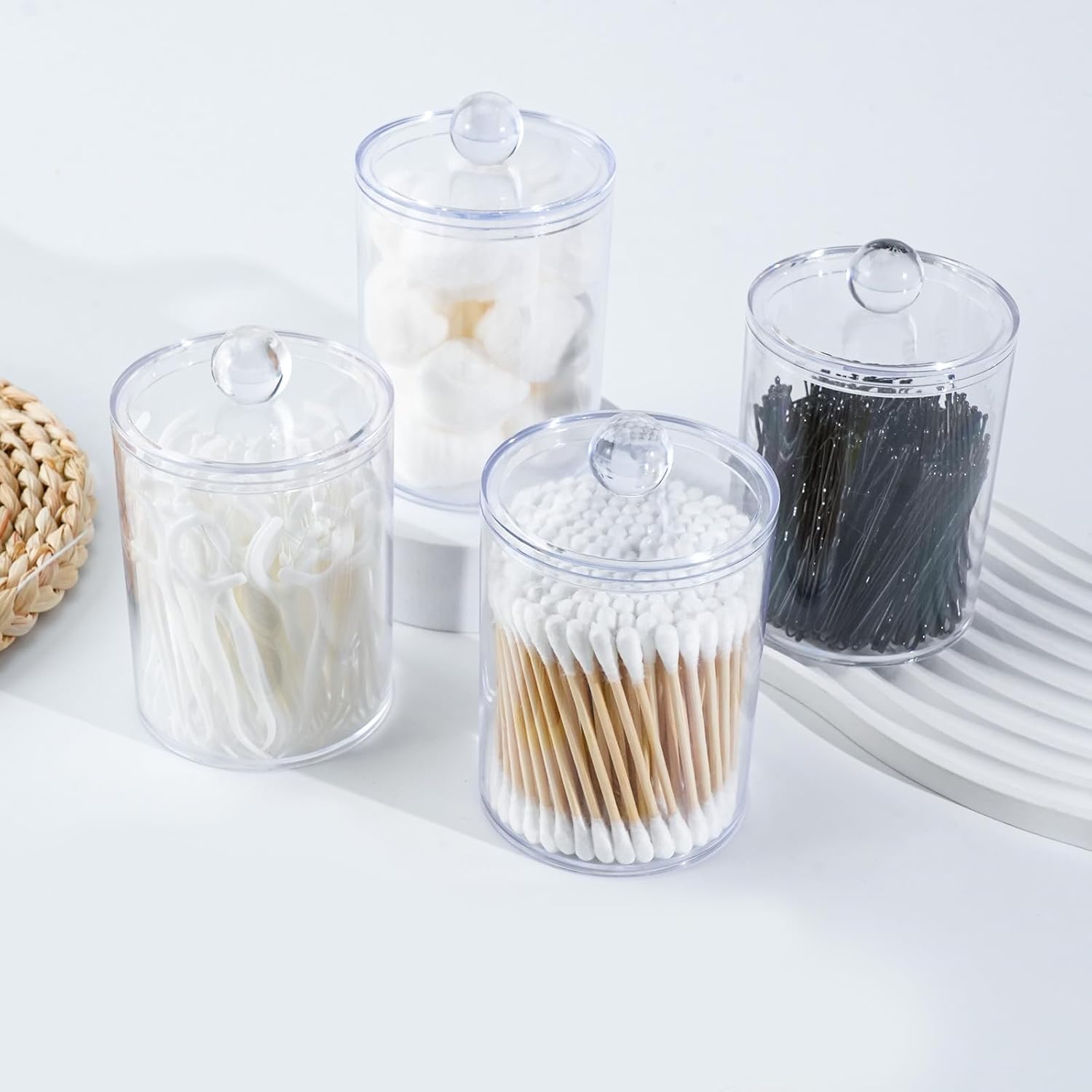 4 Pack Qtip Holder,Canister Apothecary Jar Set, Bathroom Jars with Lids Set for Cotton Swabs, Balls, Pads, Floss Picks,10oz-12oz Plastic Canisters Restroom Bedroom Vanity Organizer