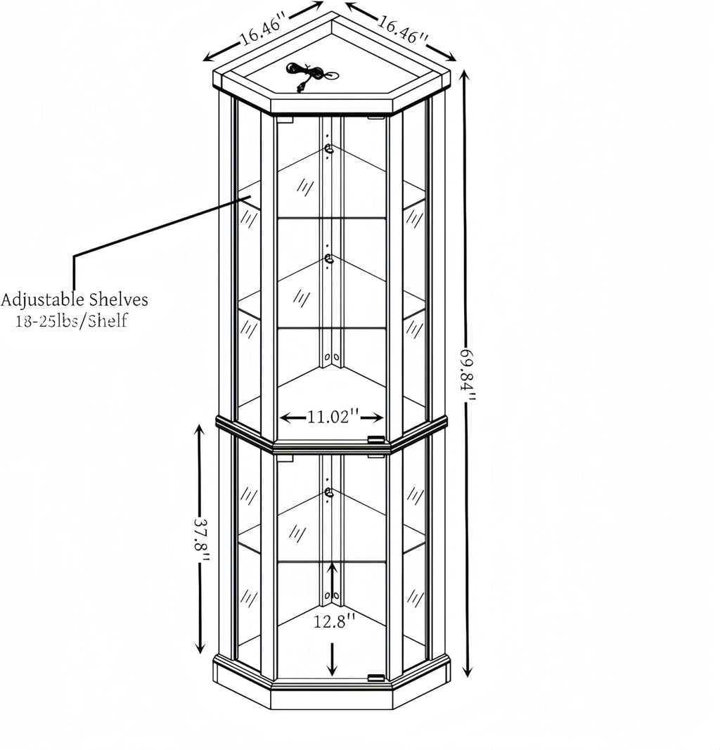 70" Lighted Corner Curio Cabinet,Inside Mirror Corner Glass Display Case with Tempered Glass Door for Living Room, Antique Collectibles, Wine & Bar Glass Storage, Lights Included