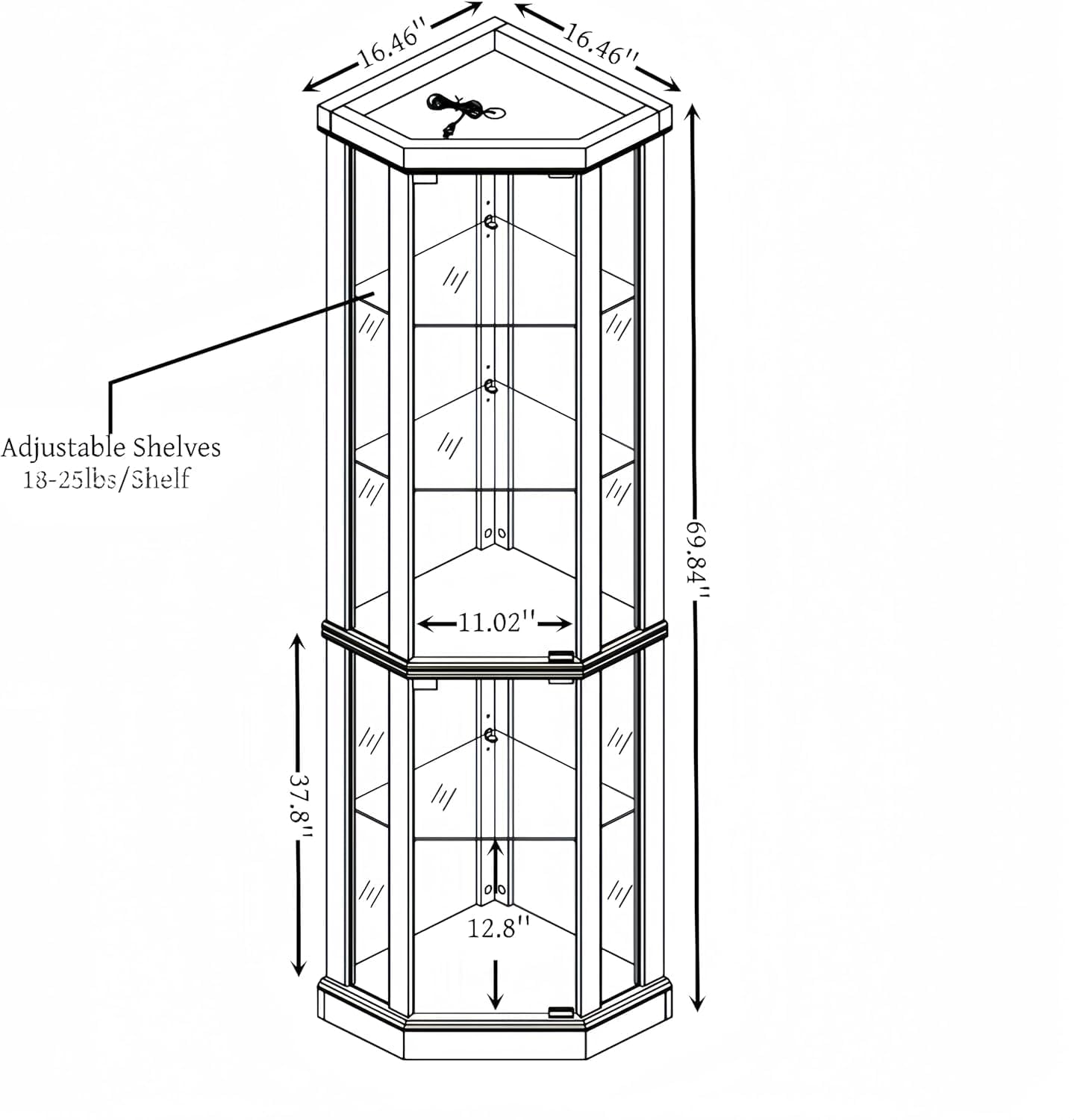 70" Lighted Corner Curio Cabinet,Inside Mirror Corner Glass Display Case with Tempered Glass Door for Living Room, Antique Collectibles, Wine & Bar Glass Storage, Lights Included