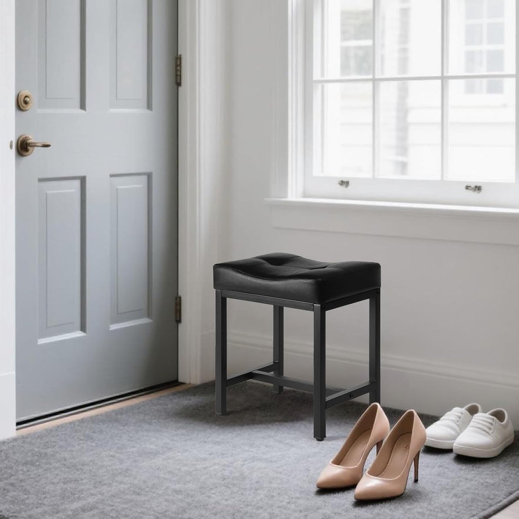 Saddle Seat Vanity Stool, Makeup Stool Chair with Metal Leg, U-Shaped Faux Leather Ottoman Foot Rest, Small Square Chairs Under Desk for Vanity, Living Room, Bedroom, Modern Makeup Bench Black