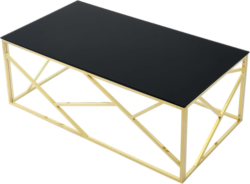 Modern Rectangular Coffee Accent Table with Black Tempered Glass Top and Stai...