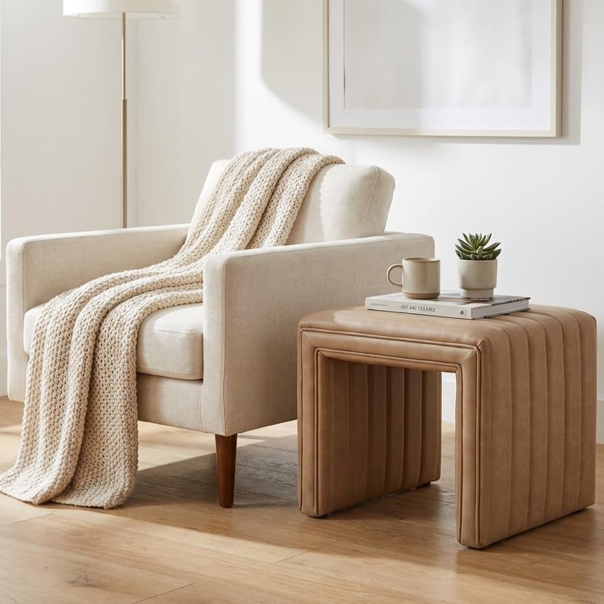 HomePop Modern Channel Tufted Faux Leather Ottoman|Homepop Home Décor|Ottoman...