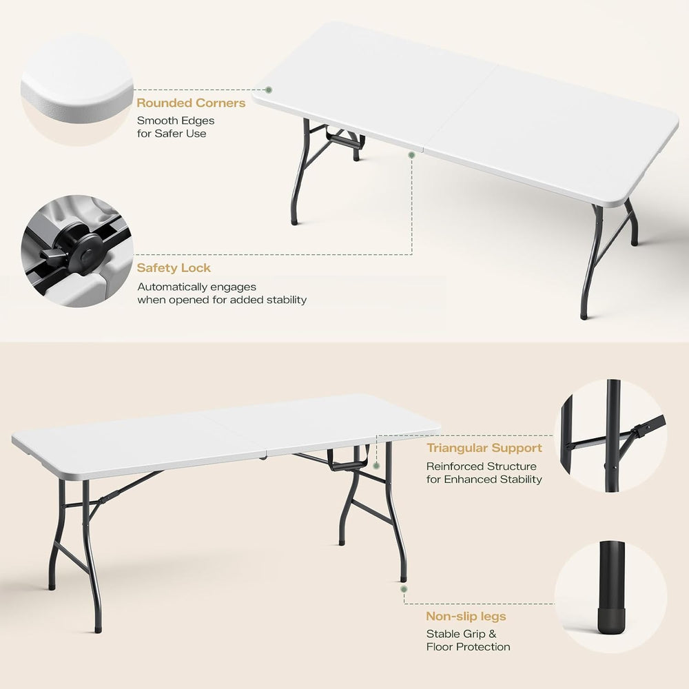 6FT Folding Table, Heavy Duty Plastic Fold-in-Half Utility Table with Handle,...