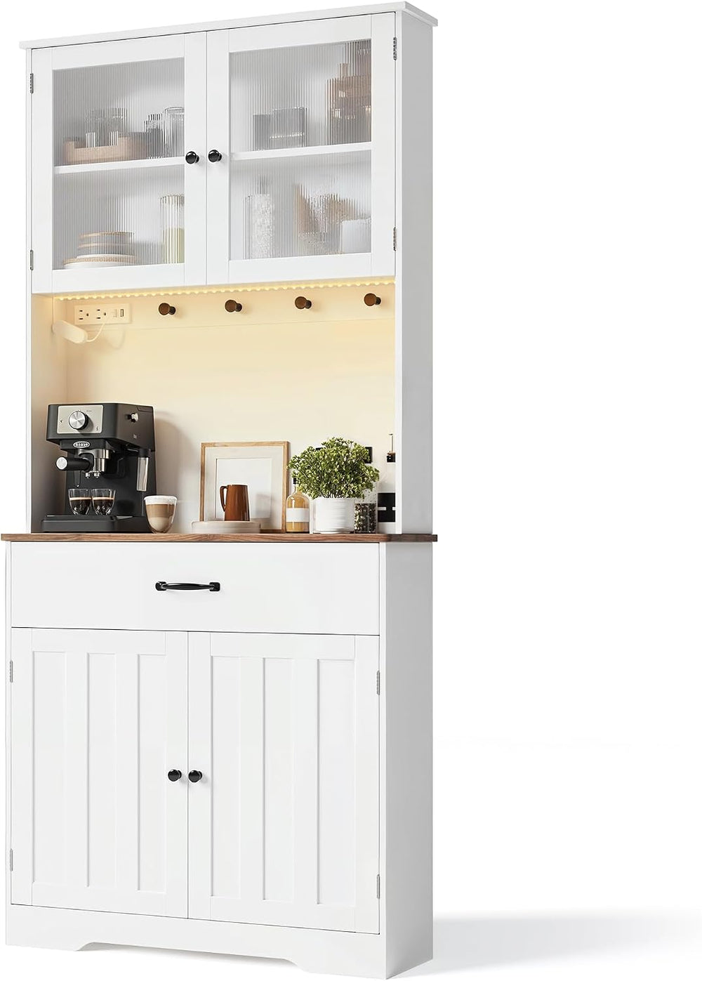 Gizoon 71" H Pantry Cabinet with Strip Light, Drawers | Coffee Bar with ...