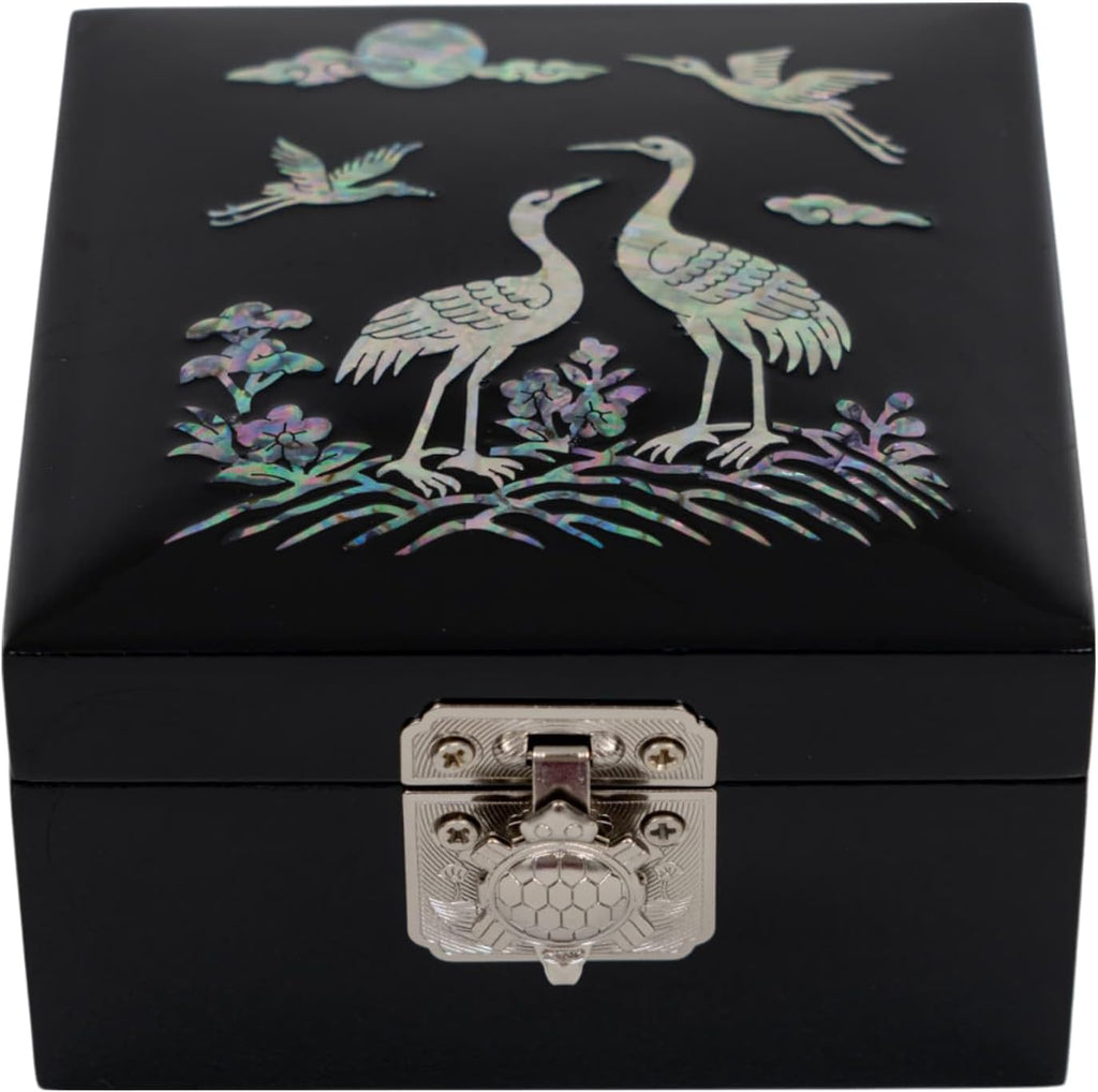 Mother of Pearl Mini Jewelry Box - Organizer for Earring Necklace Ring & Bracelet Jewelry Display Storage Case for Woman Unique Gifts (Crane_Black)