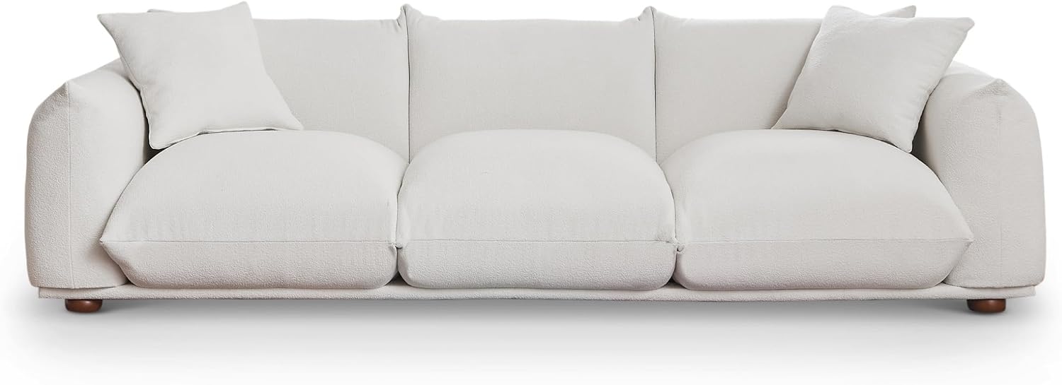 Sofa Couch, 100", 3 Seater, Solid Wood Frame, Boucle, Minimalist, Cream | Mid Century Modern 3 Seater Upholstered Couch, Nordic Minimalist Comfy Sofa, Solid Wood Frame Living Room Furniture