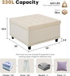 Tbfit Large Square Storage Ottoman Bench, Button Tufted Upholstered Coffee Table Ottoman with Wooden Legs, Oversized Storage Ottomans Toy Box Footrest for Living Room, Beige Velvet