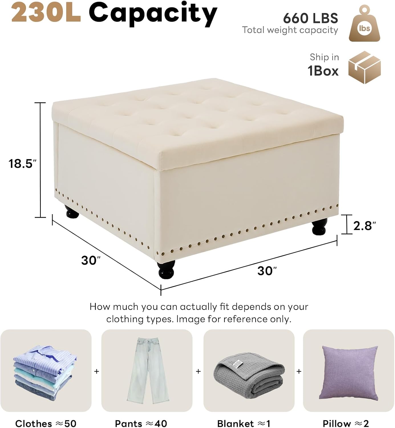 Tbfit Large Square Storage Ottoman Bench, Button Tufted Upholstered Coffee Table Ottoman with Wooden Legs, Oversized Storage Ottomans Toy Box Footrest for Living Room, Beige Velvet
