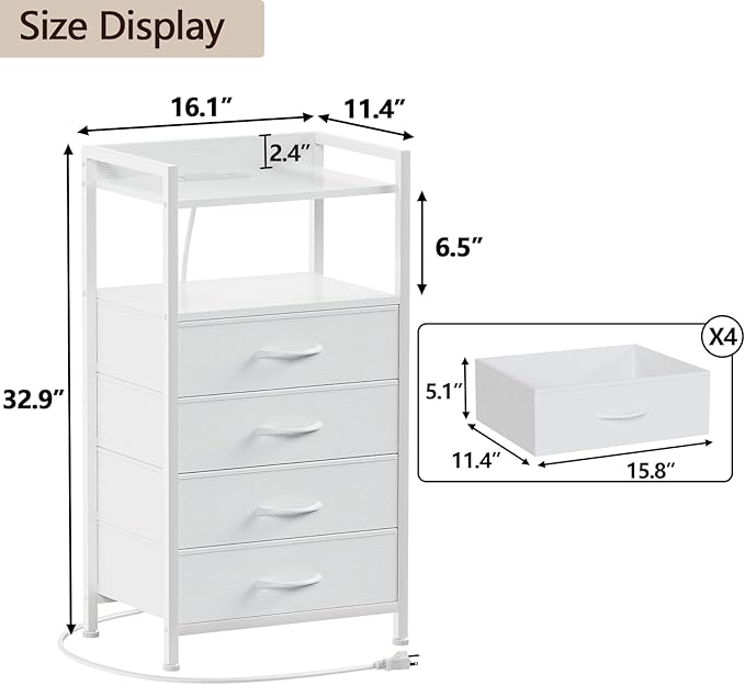 Furnulem White Nightstand with Charging Station, Night Stand Side Table with ...