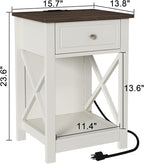 Treocho Farmhouse White with Charging Station, X-Design End Side Table with 2 AC and USB Power Outlets, Small Night Stand with Storage Drawer and Open Shelf for Bedroom,Farmhouse White