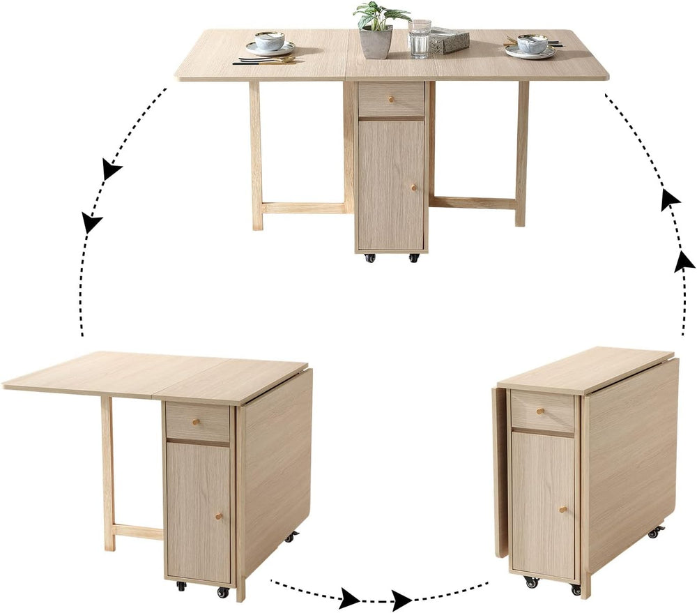 COMUHOME Wood Drop Leaf Folding Dining Table with 2 Drawers and 4 Wheels, Woo...