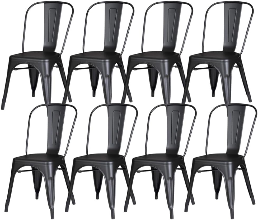 Set of 8 Midnight Black Metal Dining Chairs, Classic Tolix Style Stackable Ki...