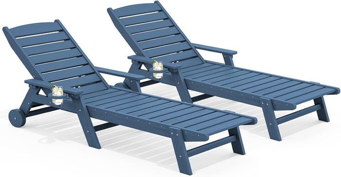 SERWALL HDPE Outdoor Chaise Lounge Set of 2 with Cup Holder, New Blue
