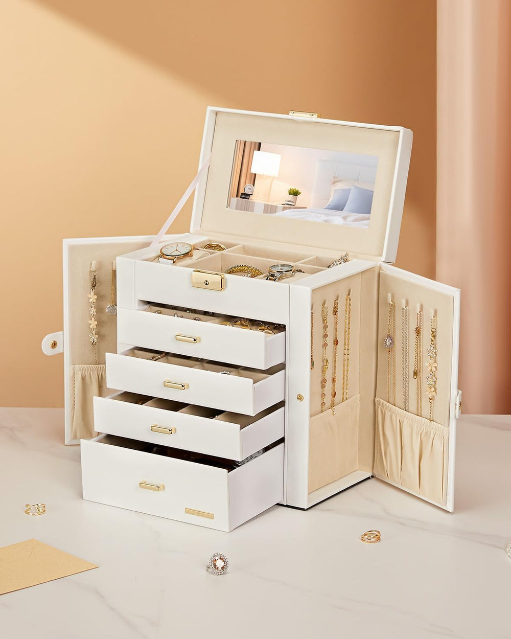 Homde Synthetic Leather Huge Jewelry Box Mirrored Watch Organizer Necklace Ri...