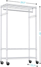 IZEUK Heavy Duty Rolling Garment Rack with 3 Adjustable Wire Shelves, Hanging Rod & Side Hooks - Mobile Clothes Rack with Wheels, 29.5" W x 15.7" D x 75" H, White