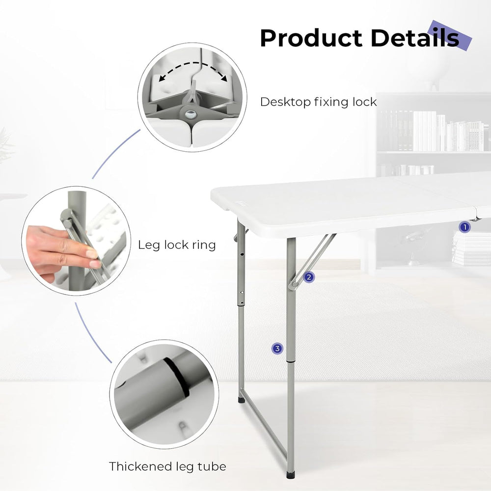 Folding Table 4 Foot,Portable Heavy Duty Plastic Utility Table,White | Adjust...