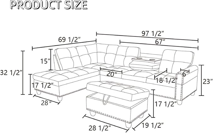 L-Shaped Sectional Sofa with Movable Chaise & Storage Ottoman, Lounge 3-Piece Modular Convertible Couches for Living Room, Apartment & Office, Dark Grey