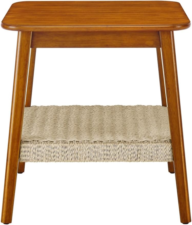 23" Mid-Century Side Table with Woven Shelf and Storage, for Living Room...