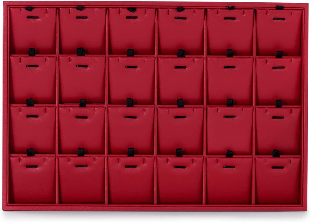 Oirlv Gorgeous Red Leather 24 Grid Jewelry Tray with Removable Inserts Jewelry Cards Stackable Necklace Trays Necklace Drawer Organizer