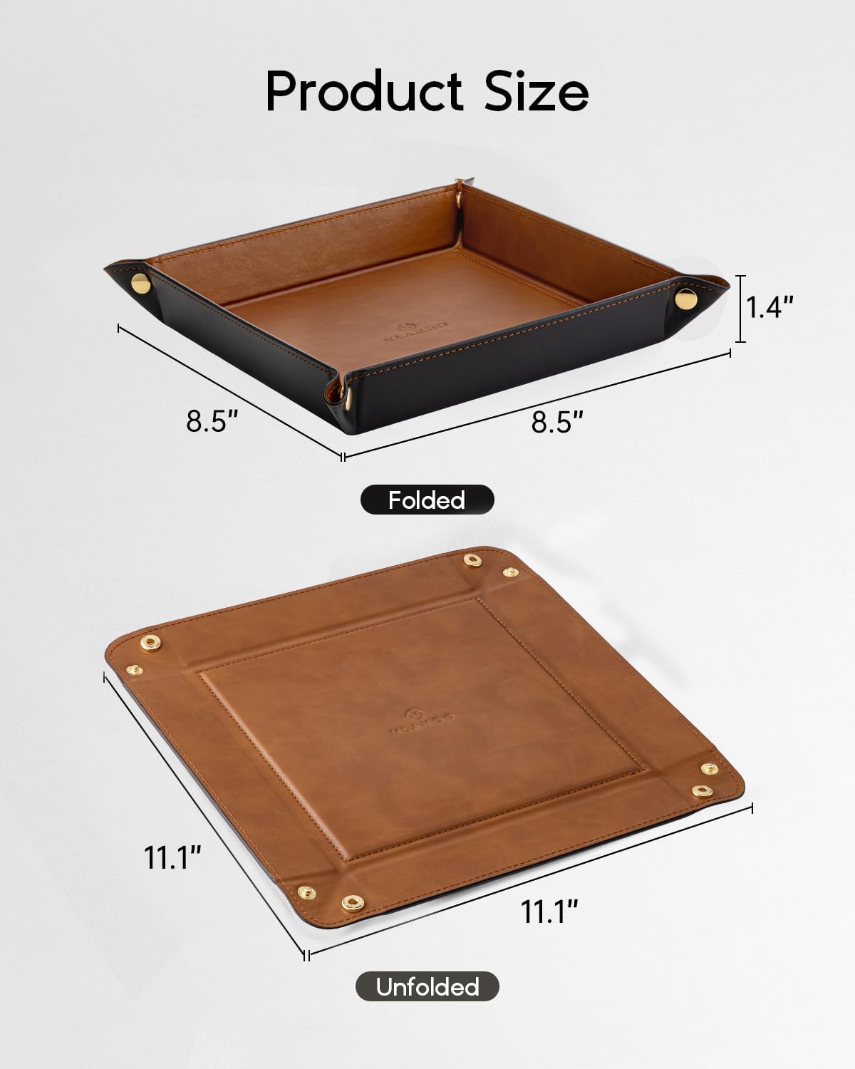 VLANDO Travel Valet Tray, Foldable PU Leather Catchall Tray, Light Brown | Large 8.5-Inch Key Tray for Wallet, Watch, Phone, Jewelry and Glasses, Nightstand Dresser Desk Entryway Organizer