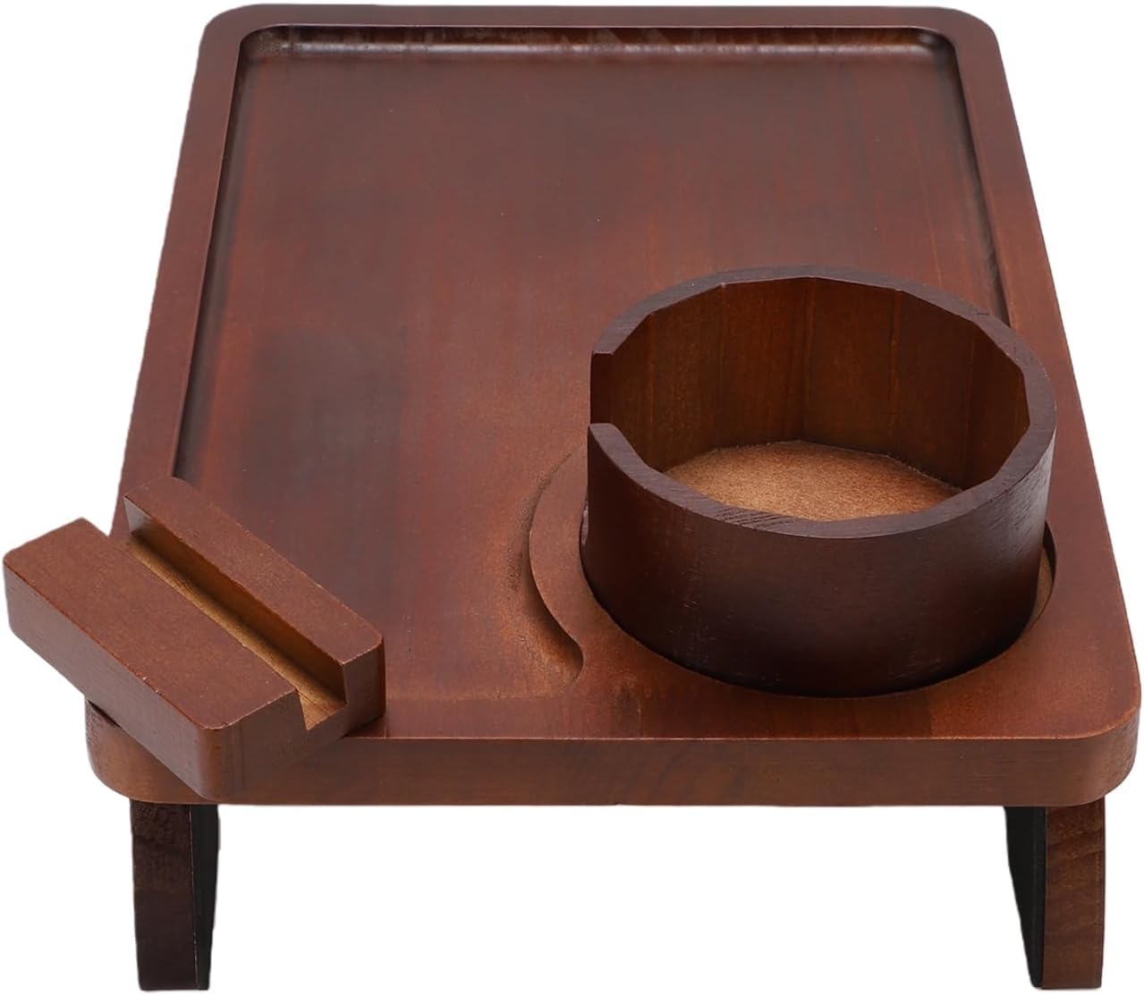 Foldable Sofa Arm Tray, Wood Couch Armrest Table with 360 Rotatable Phone Stand & Cup Holder for Living Room Snacks, Drinks, Books, Remotes (Brown)