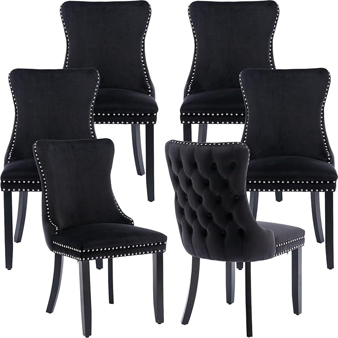 Modern Dining Chairs Set of 6, Upholstered Dining Chair with Full Back and Button Tufting, Black Velvet Accent Chair, Sillas de Comedor, 6 Dining Chairs (Black, Velvet, 6Pcs)