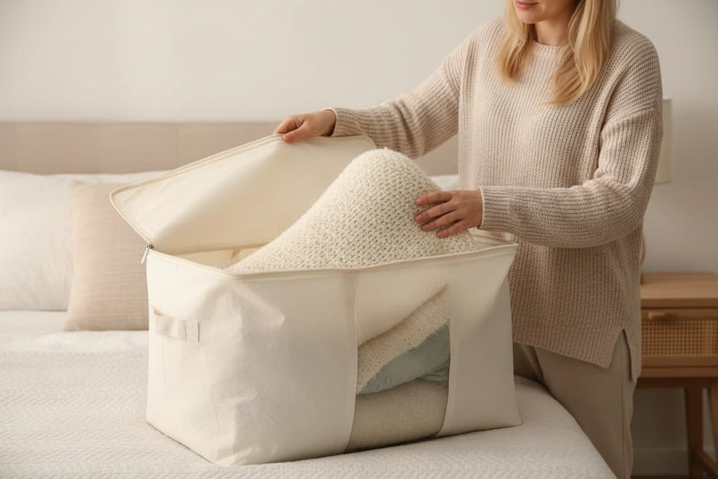 Soft Canvas Clothes Storage Bags with Four Carrying Handles and Clear Window, Closet Organizer for Clothing, Blankets Sheets Pillows and Bedding, 55L, 3 Pack, White