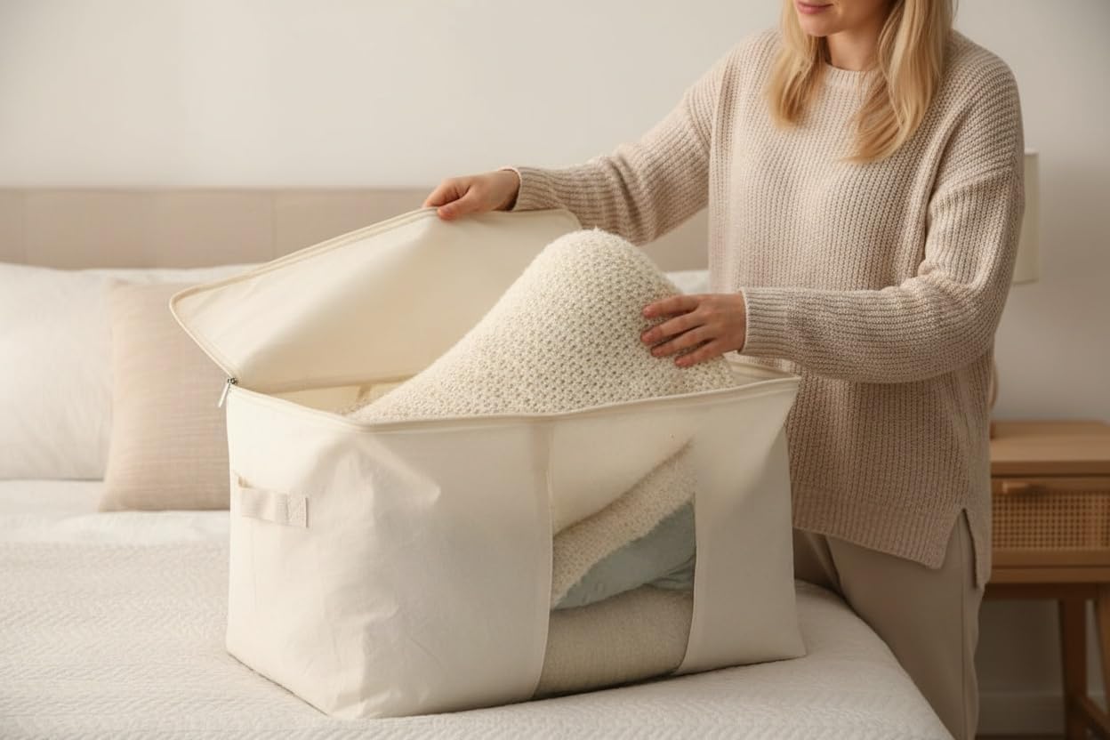 Soft Canvas Clothes Storage Bags with Four Carrying Handles and Clear Window, Closet Organizer for Clothing, Blankets Sheets and Bedding, 55L, 3 Pack, Beige