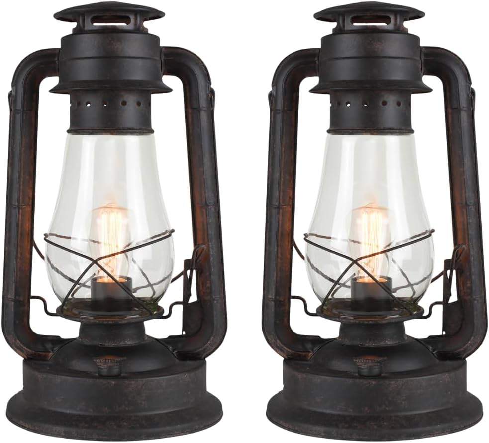 Rustic Lantern Table Lamp Set Hand Finished Rusty Over Powdercoat UL Listed D...