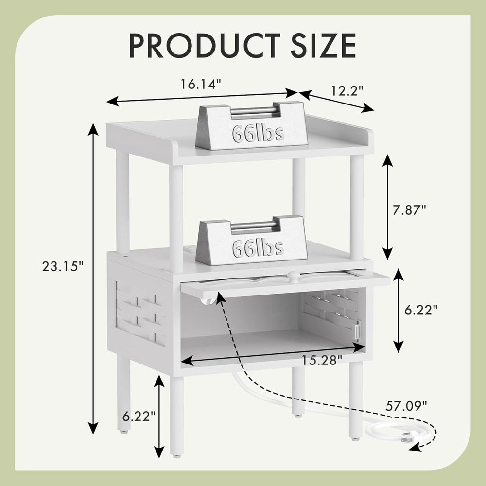 Amazer White Nightstand with Charging Station, Bamboo Night Stand for Bedroom...