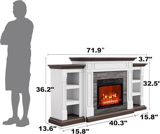 Naice 72" Electric Fireplace with Mantel and Cabinets, LED Light Fireplace TV Stand for TVs up to 80", 3D Realistic Flame Heater with Stacked Stone Surround for Living Room