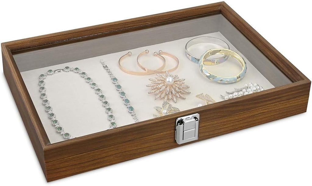 MOOCA Jewelry Display Case, Display Case Accessories Storage Box with Tempered Glass Hinge Lid, Jewelry Tray for Collectibles, Walnut Color, 14.1W x 10.2D x 2.1H in