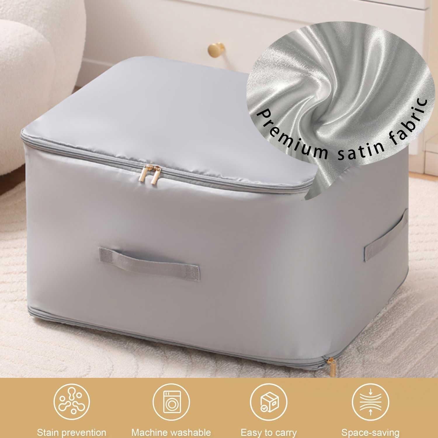 Ultra Space Saving Self Compression Organizer, 2025 New 3-Layer Zipper Large Capacity Storage Bag, Thick Satin Fabric Heavy Duty Bags for Comforters Blankets Bedding Duvet (Gray, X-Large, 21x17x24in)