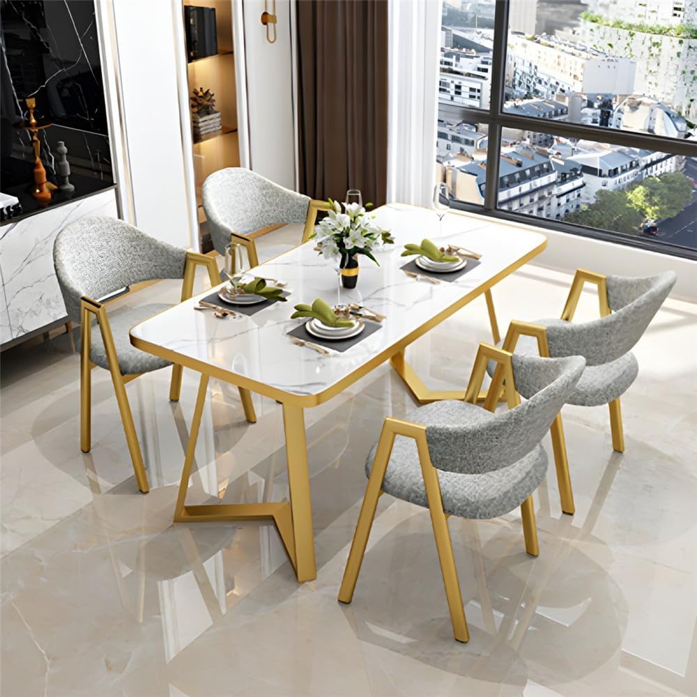 Dining Table Set Marble Stone Tabletop Nordic Style Dining Table Rectangle for Dining Room Kitchen Leisure 5 Piece (Contains 4 Chairs 1 Table) -Yellow
