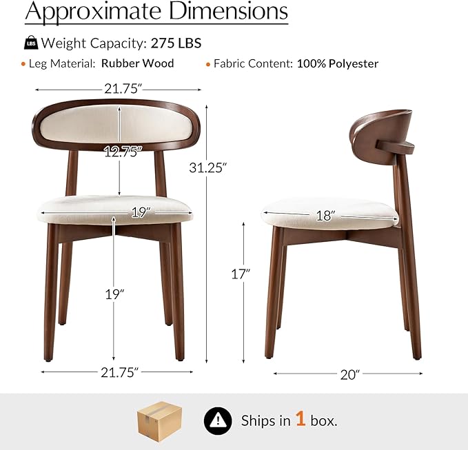 HULALA HOME Dining Chairs Set of 2 Mid-Century Modern Fabric Upholstered Dining Room Chairs Kitchen Side Chair with Open Curved Back, Walnut Rubber Wood Legs, Dinner Chairs for Living Room, Beige