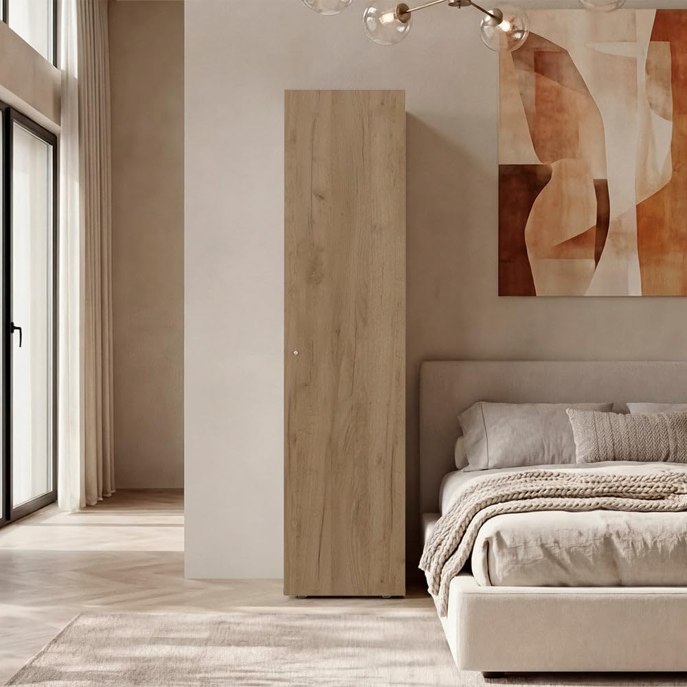DEPOT E-SHOP Frisco 1 Door Wardrobe with Mirror and Vertical Storage Design, Natural Oak