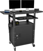 Mobile AV Cart with Pullout Keyboard Tray, Rolling Computer Cart Height Adjustable Rolling Media Utility Cart with Extra Storage Space, 4 Outlets, Perfect for Home or Office Use