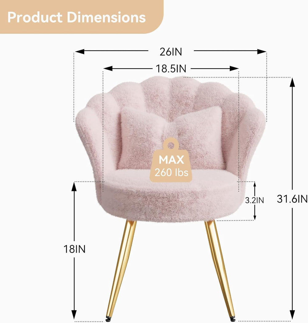 Plush Sherpa Accent Chair with Gold Metal Legs, Fluffy Vanity Chair for Makeu...