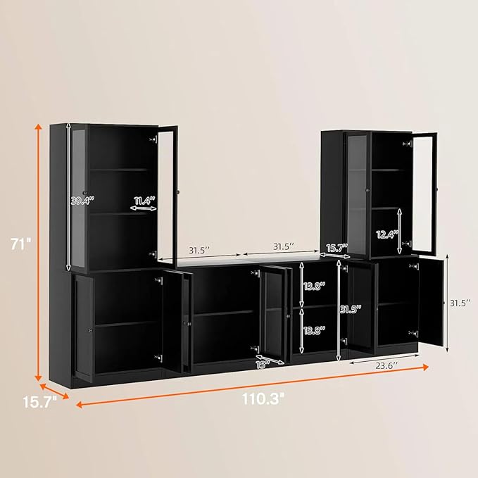 TUSY 71" TV Stand Storage Set - 2 Tall Bookcases & 2 Side Cabinets, Media Console with Glass & Wood Doors, Entertainment Center with Drawers, Tall Media Console for Living Room (Black, ADDA)
