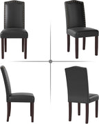 LSSBOUGHT PU Dining Chair Set of 2 Upholstered Parsons Kitchen Chair with Copper Nails and Solid Wood Legs for Dining Room,Restaurant(Black)