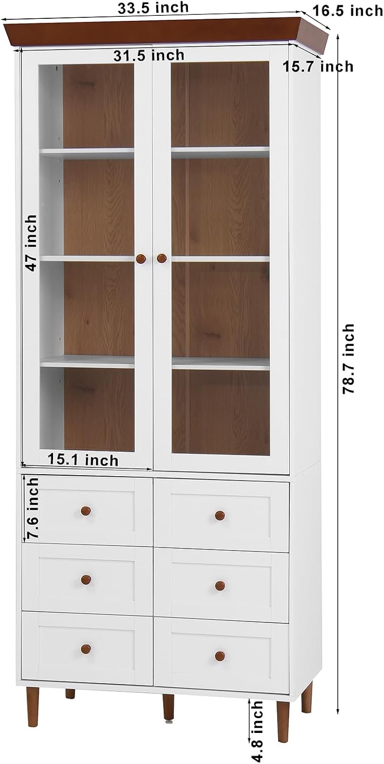 78.7'' Tall Kitchen Pantry Cabinet, Wooden Display Cabinet with 6 Dra...