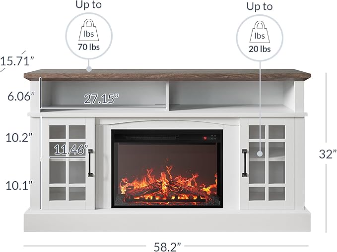 BELLEZE Traditional 58" Rustic TV Stand with 23" Electric Fireplace Heater with Sound, Media Entertainment Center Console Table for TV up to 65" with Open Storage Shelves and Cabinets - White