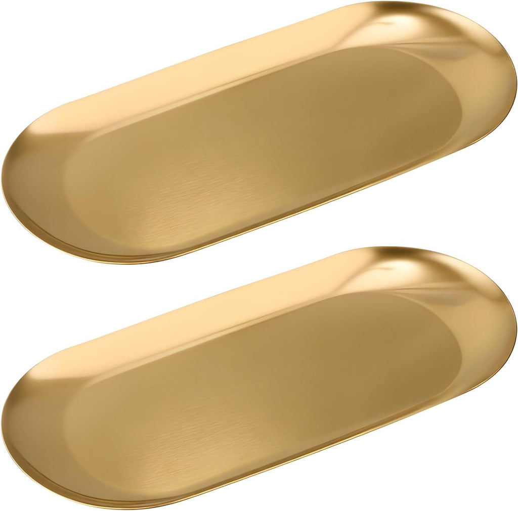 Vaincre Gold Decorative Jewelry Tray - 2PCS Stainless Steel Oval Trinket Ring Holder Dish, 7” Small Bathroom Vanity Kitchen Jewelry Plate Tray Decor for Storing Perfumes, Cosmetics, Candles, Key