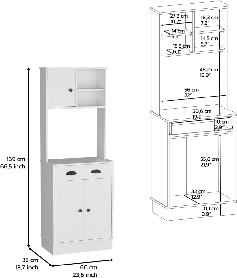 Kitchen Pantry 67" H, Two Cabinets, Three Doors, Two Open Shelves, One D...